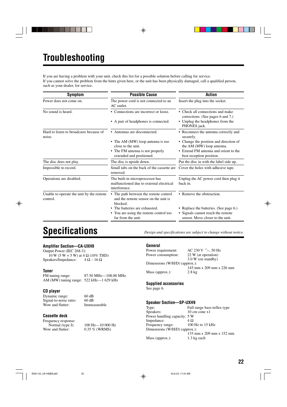 Troubleshooting, Specifications | JVC CA-UXH9 User Manual | Page 25 / 26