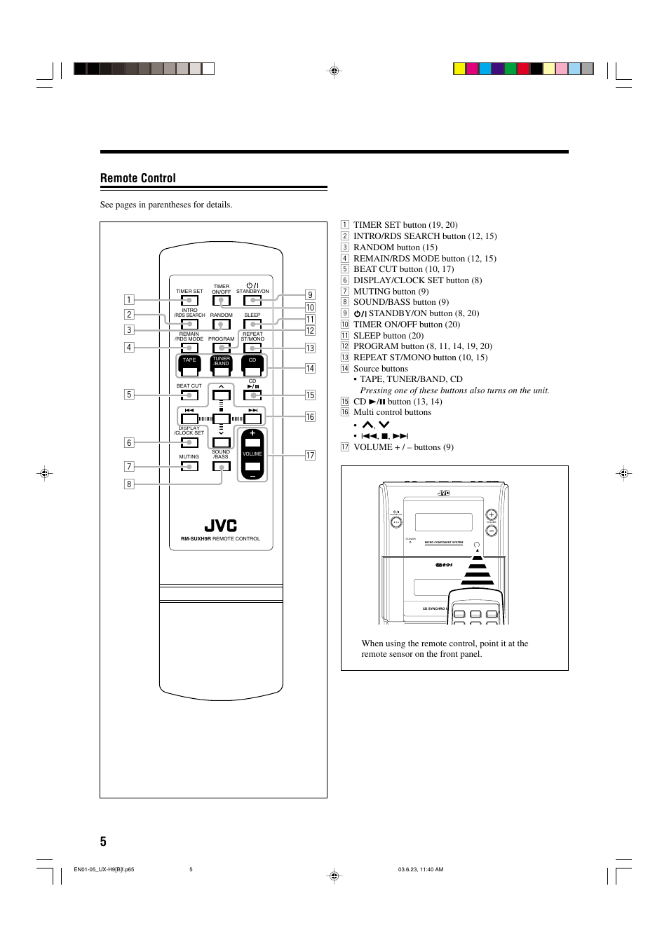 Remote control | JVC CA-UXH9 User Manual | Page 8 / 26