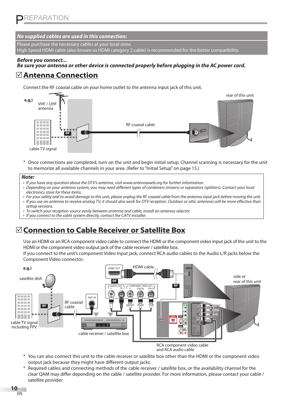 Preparation, Reparation, 5 antenna connection | 5 connection to cable receiver or satellite box, No supplied cables are used in this connection | JVC 1EMN24860 User Manual | Page 10 / 56
