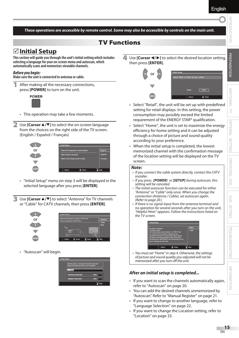 English, 5 initial setup, Tv functions | Before you begin, After an initial setup is completed, Autoscan” will begin | JVC 1EMN24860 User Manual | Page 15 / 56