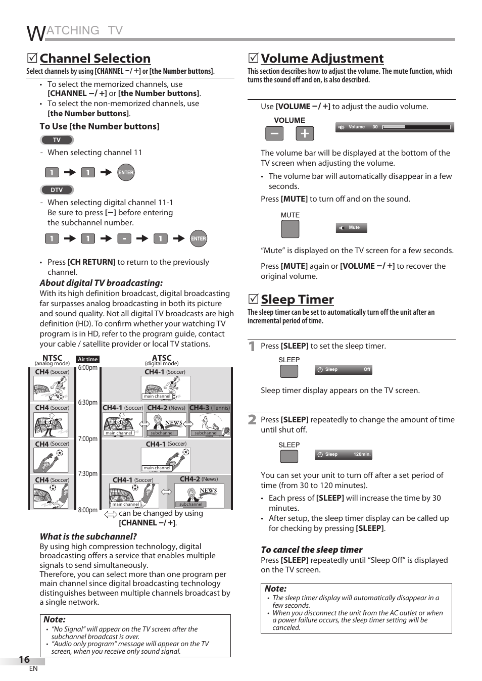 Watching tv, Atching tv, 5 channel selection | 5 volume adjustment, 5 sleep timer | JVC 1EMN24860 User Manual | Page 16 / 56