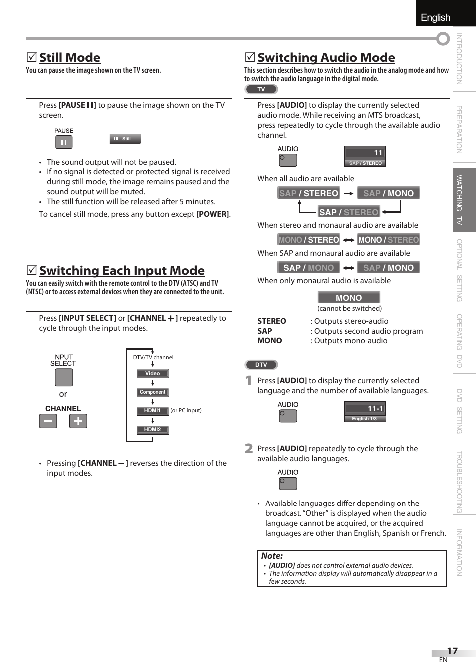 English, 5 still mode, 5 switching each input mode | 5 switching audio mode | JVC 1EMN24860 User Manual | Page 17 / 56