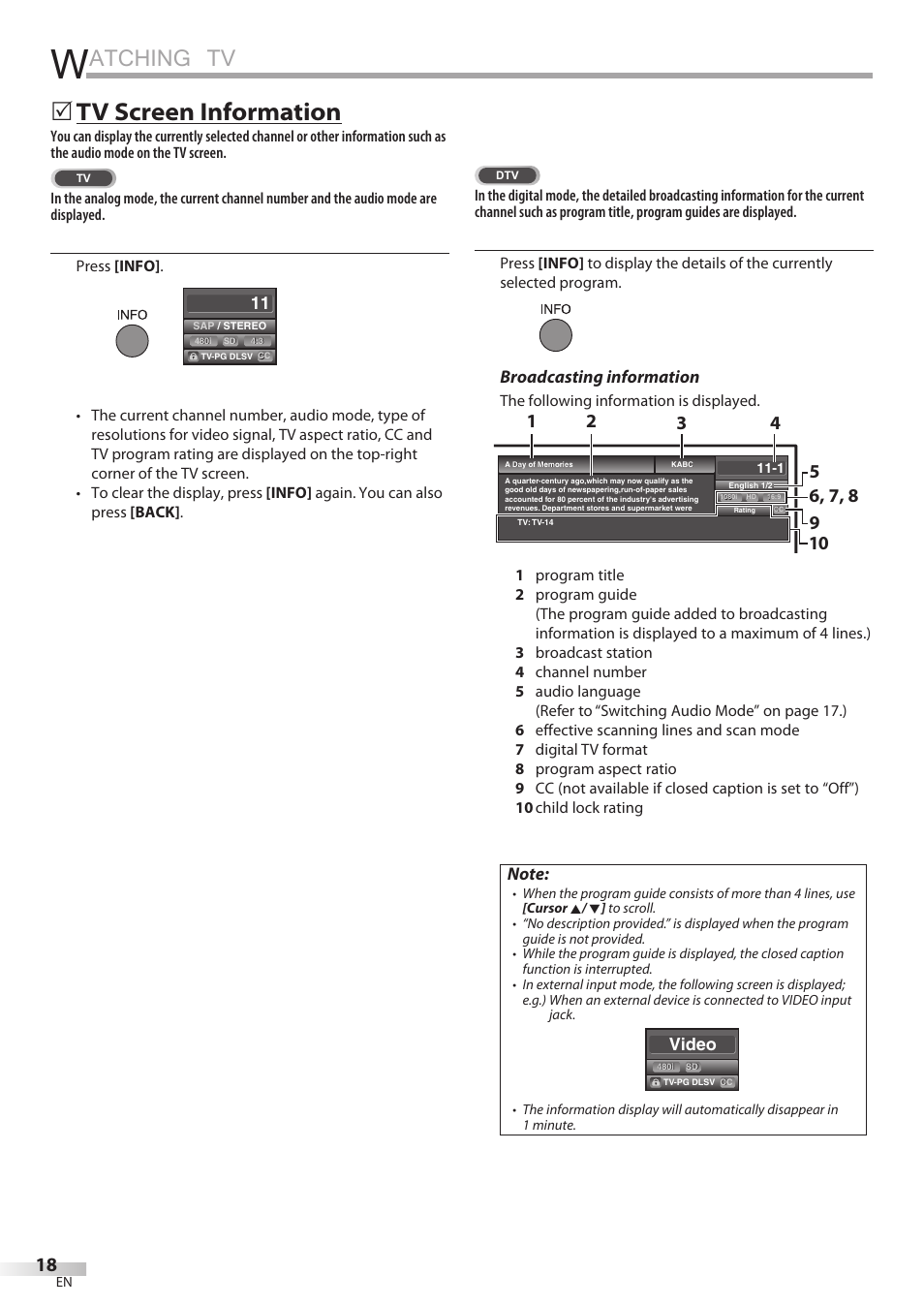 Atching tv, 5 tv screen information, Broadcasting information | Video | JVC 1EMN24860 User Manual | Page 18 / 56