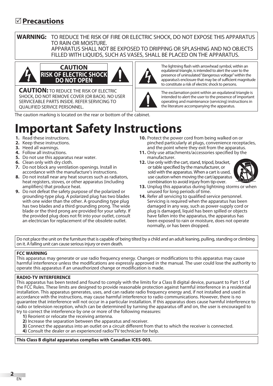 Important safety instructions, 5 precautions, Caution | Caution risk of electric shock do not open, Warning | JVC 1EMN24860 User Manual | Page 2 / 56