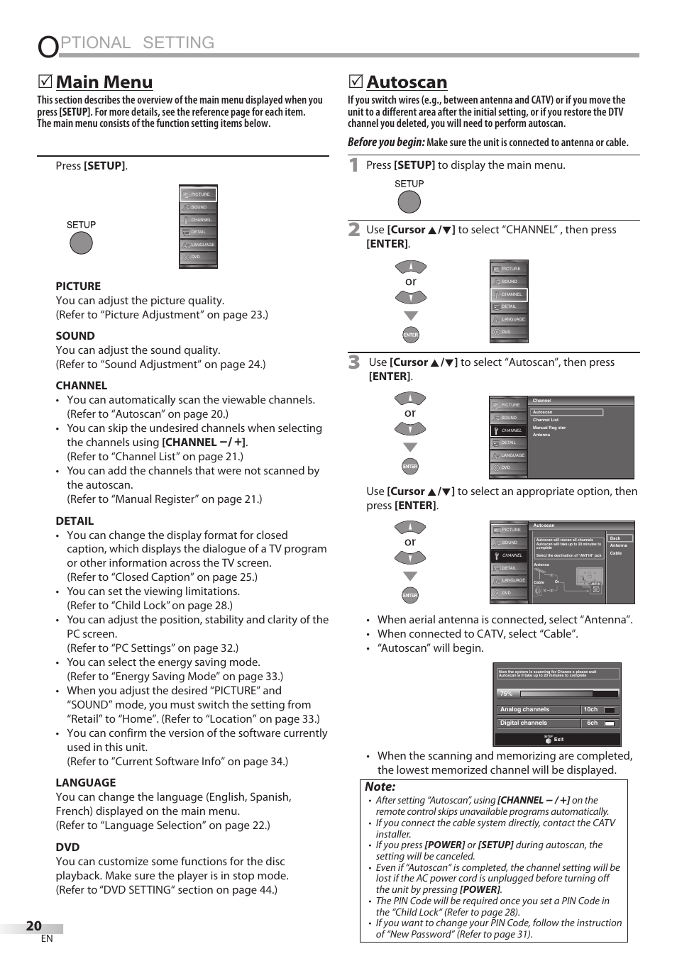 Optional setting, Ptional setting, 5 main menu | 5 autoscan, Before you begin | JVC 1EMN24860 User Manual | Page 20 / 56