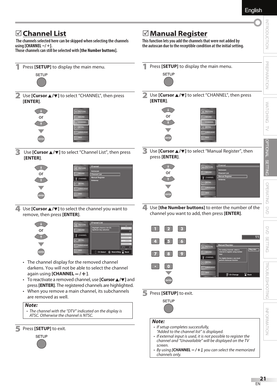 English, 5 channel list, 5 manual register | Press [setup] to display the main menu, Press [setup] to exit | JVC 1EMN24860 User Manual | Page 21 / 56
