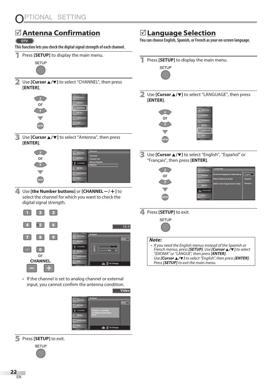 Ptional setting, 5 antenna confirmation, 5 language selection | Press [setup] to display the main menu, Press [setup] to exit | JVC 1EMN24860 User Manual | Page 22 / 56