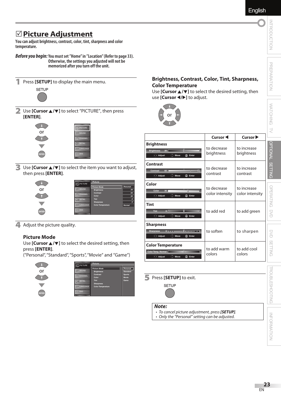 English, 5 picture adjustment, Before you begin | Picture mode, Press [setup] to display the main menu, Adjust the picture quality, Press [setup] to exit | JVC 1EMN24860 User Manual | Page 23 / 56