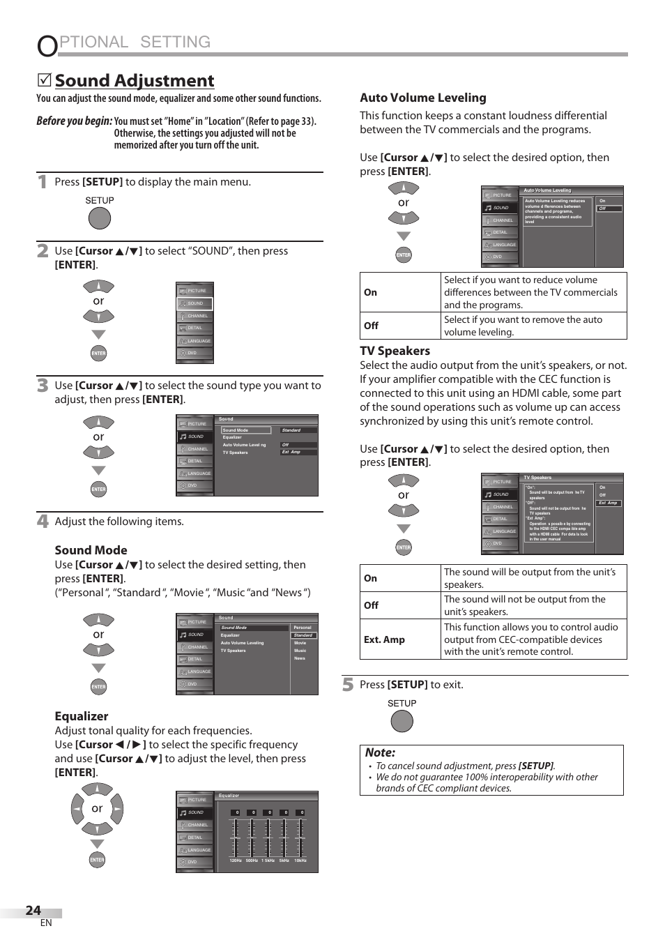Ptional setting, 5 sound adjustment, Before you begin | Sound mode, Equalizer, Auto volume leveling, Tv speakers, Press [setup] to display the main menu, Adjust the following items, Press [setup] to exit | JVC 1EMN24860 User Manual | Page 24 / 56
