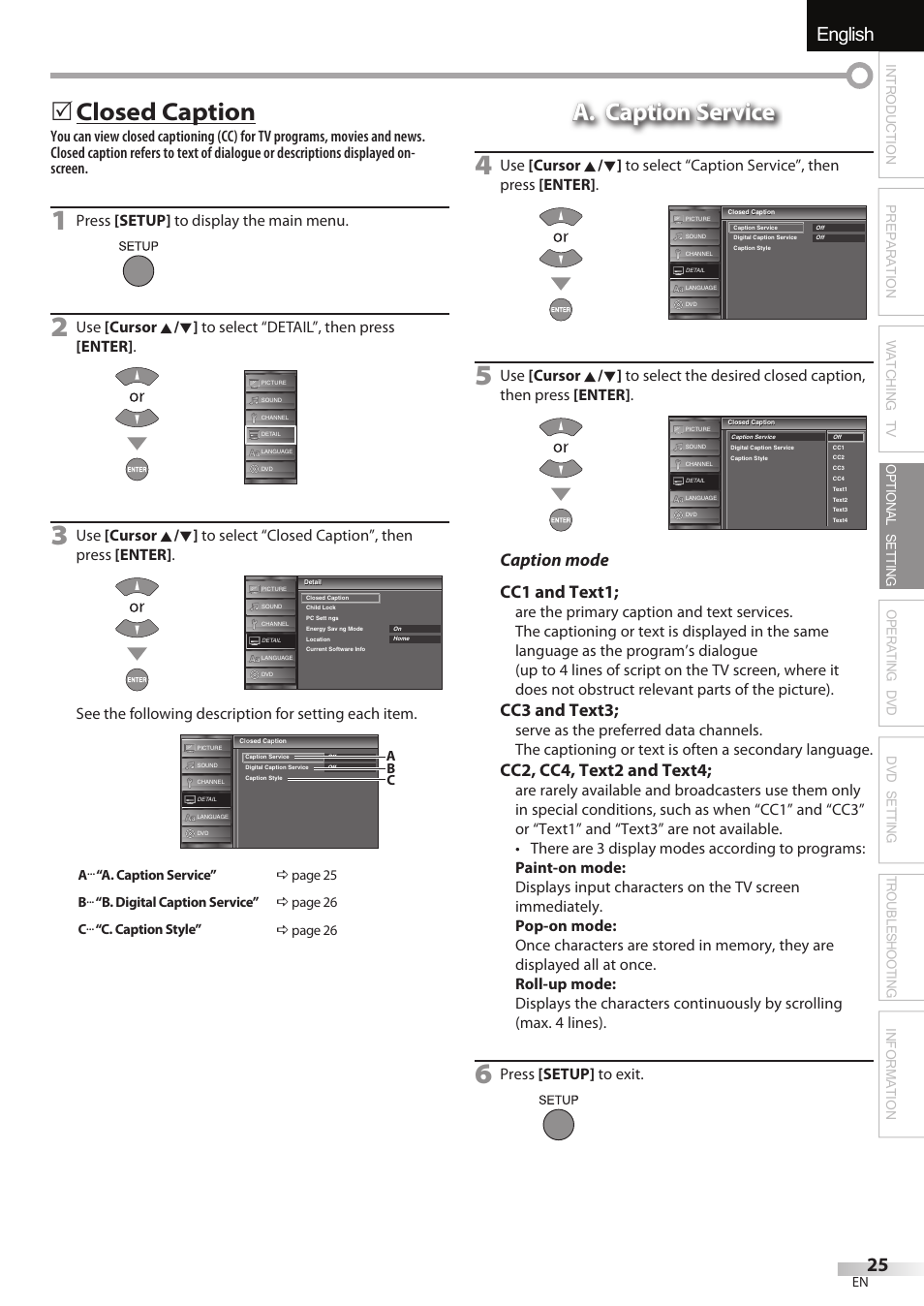English, 5 closed caption, A. caption service | Caption mode cc1 and text1, Cc3 and text3, Cc2, cc4, text2 and text4, Press [setup] to display the main menu, Press [setup] to exit | JVC 1EMN24860 User Manual | Page 25 / 56