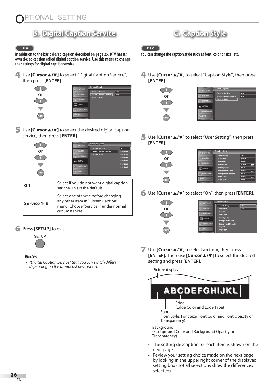 Ptional setting, B. digital caption service, C. caption style | Service, Press [setup] to exit | JVC 1EMN24860 User Manual | Page 26 / 56