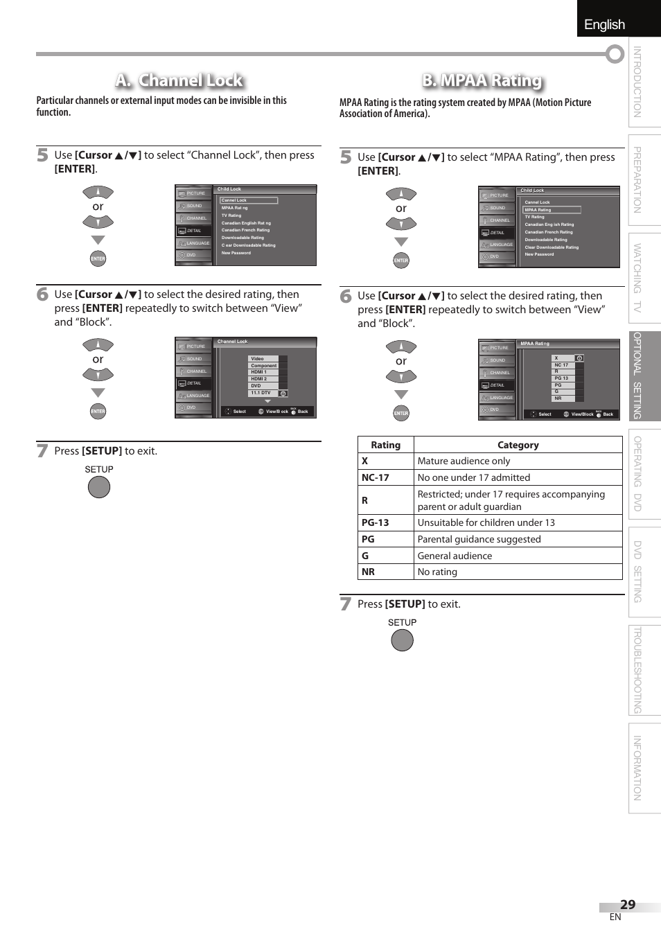 English, A. channel lock, B. mpaa rating | Press [setup] to exit | JVC 1EMN24860 User Manual | Page 29 / 56