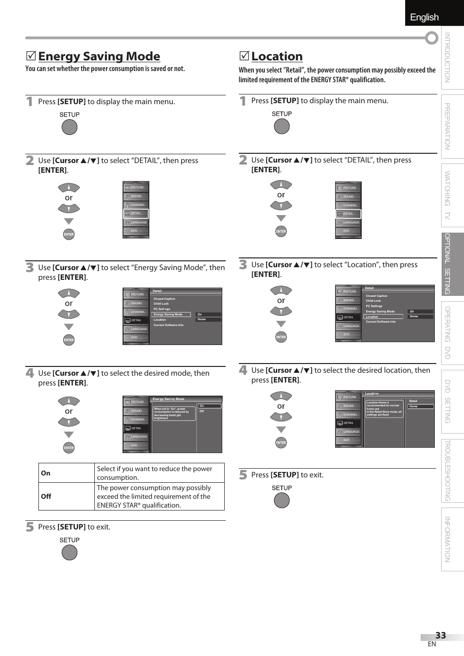 English, 5 energy saving mode, 5 location | Press [setup] to display the main menu, Press [setup] to exit | JVC 1EMN24860 User Manual | Page 33 / 56