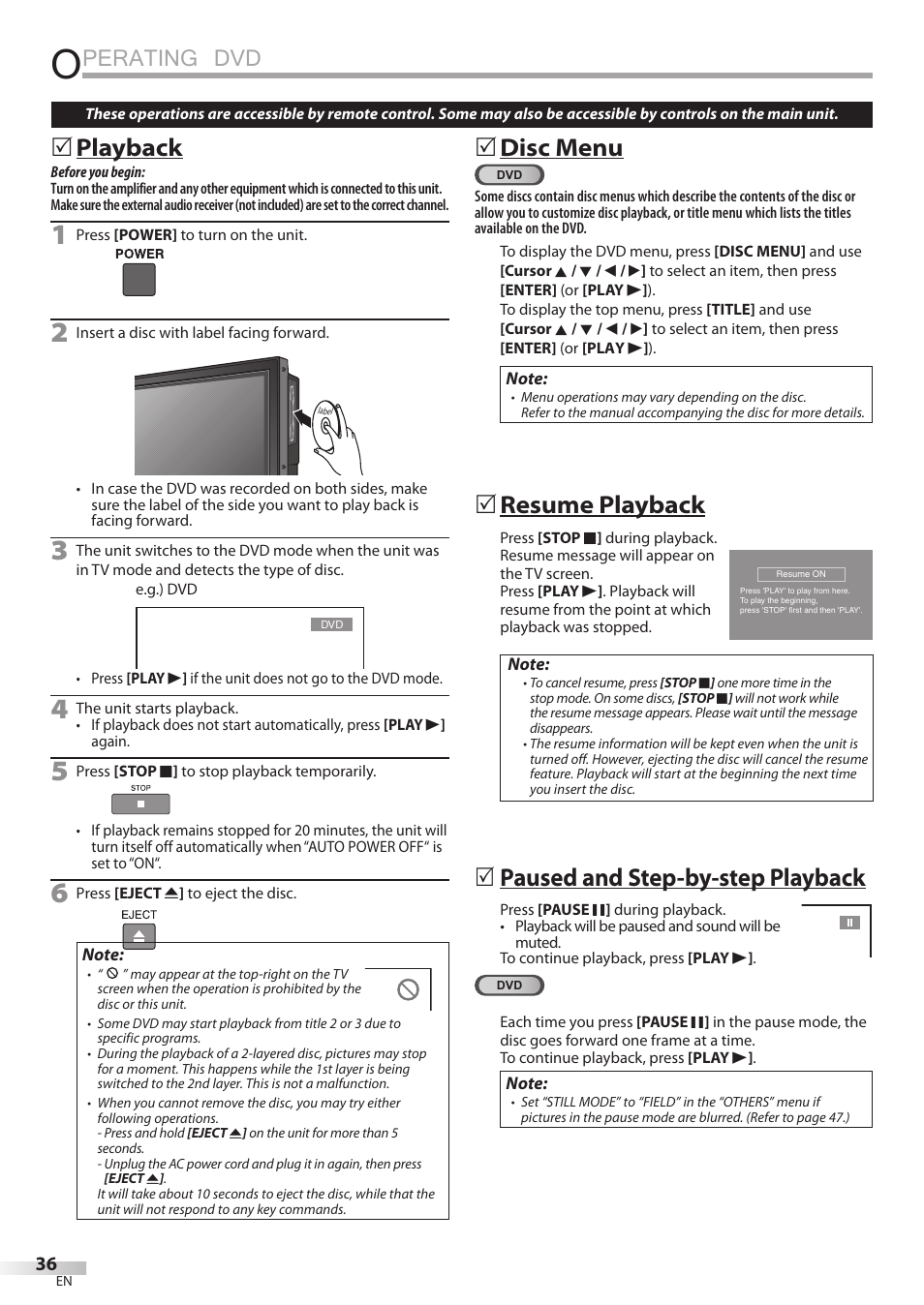 Perating dvd, 5 playback, 5 disc menu | 5 resume playback, 5 paused and step-by-step playback | JVC 1EMN24860 User Manual | Page 36 / 56