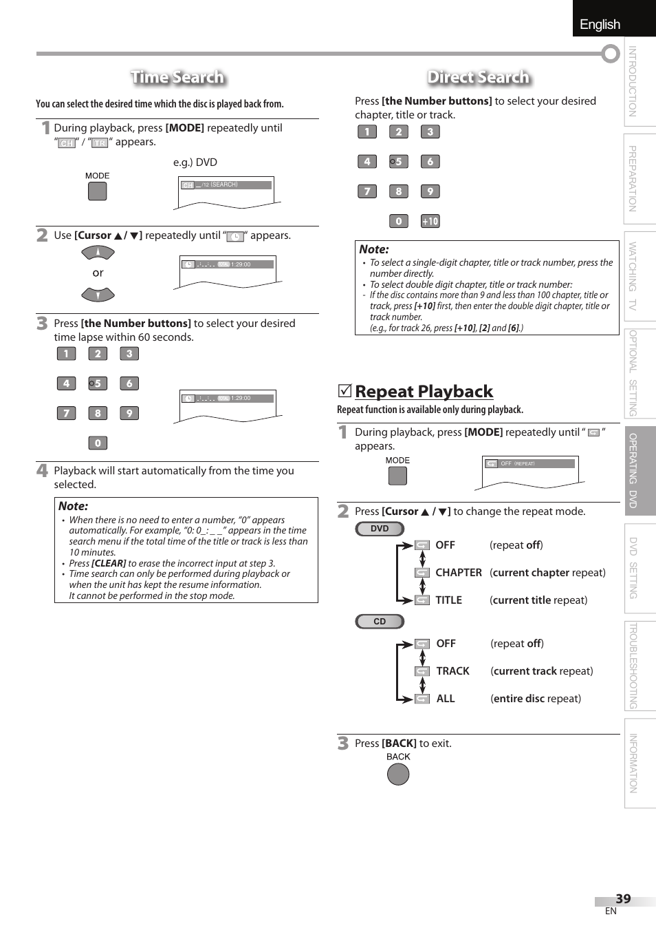 English, Time search, Direct search | 5 repeat playback | JVC 1EMN24860 User Manual | Page 39 / 56