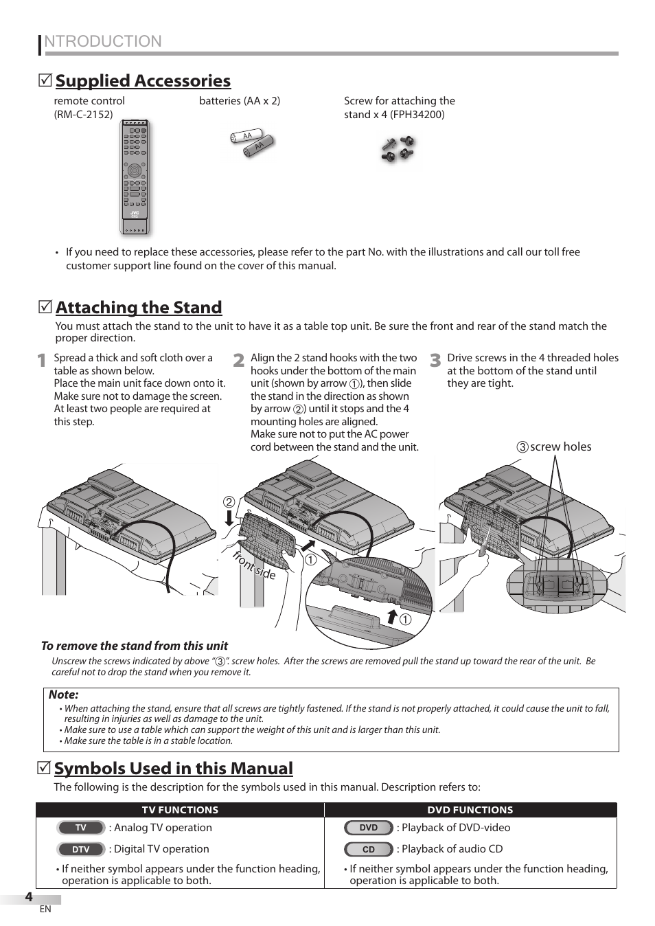 Introduction, Ntroduction, 5 supplied accessories 5 attaching the stand | 5 symbols used in this manual | JVC 1EMN24860 User Manual | Page 4 / 56