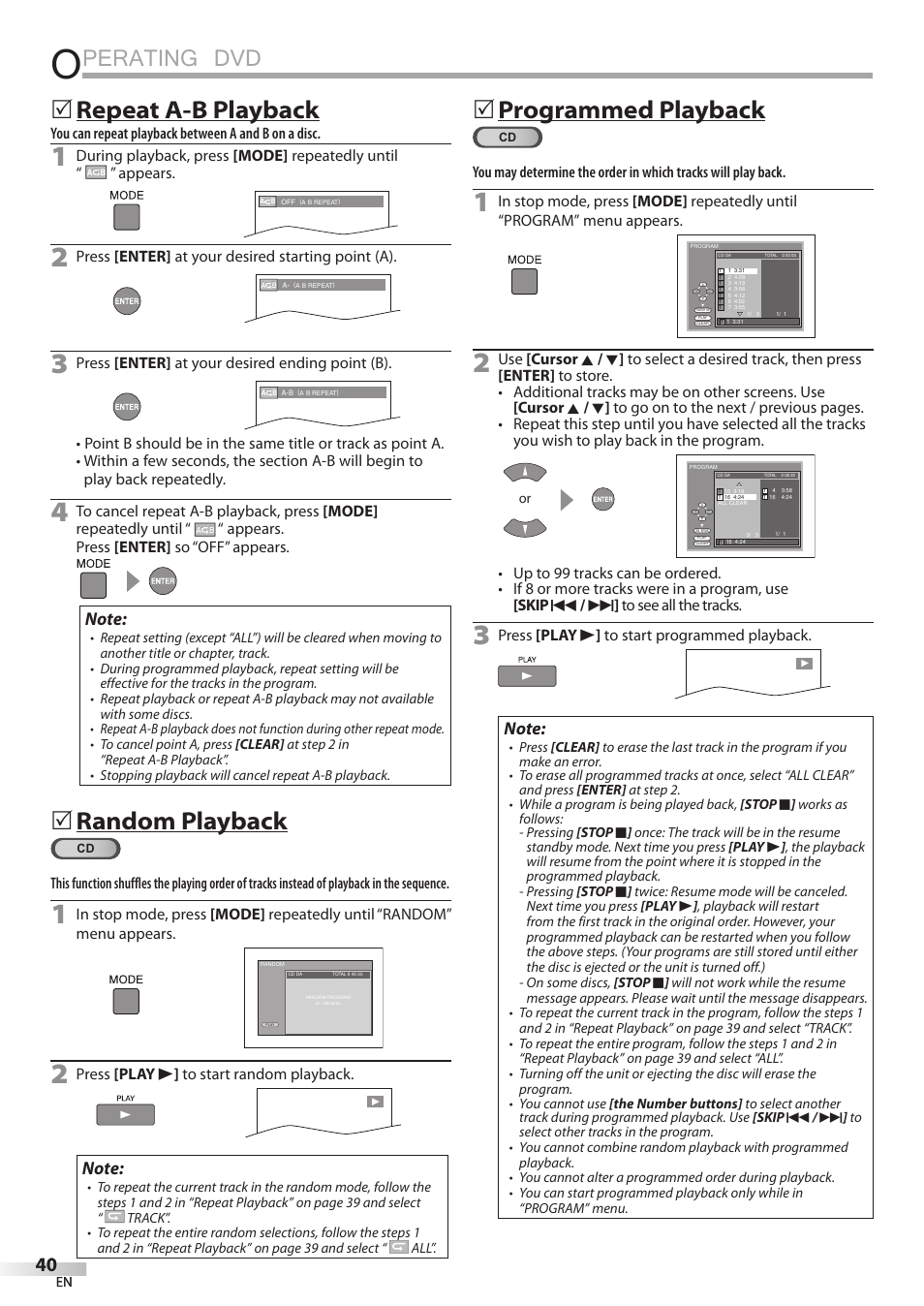 Perating dvd, 5 repeat a-b playback, 5 random playback | 5 programmed playback | JVC 1EMN24860 User Manual | Page 40 / 56