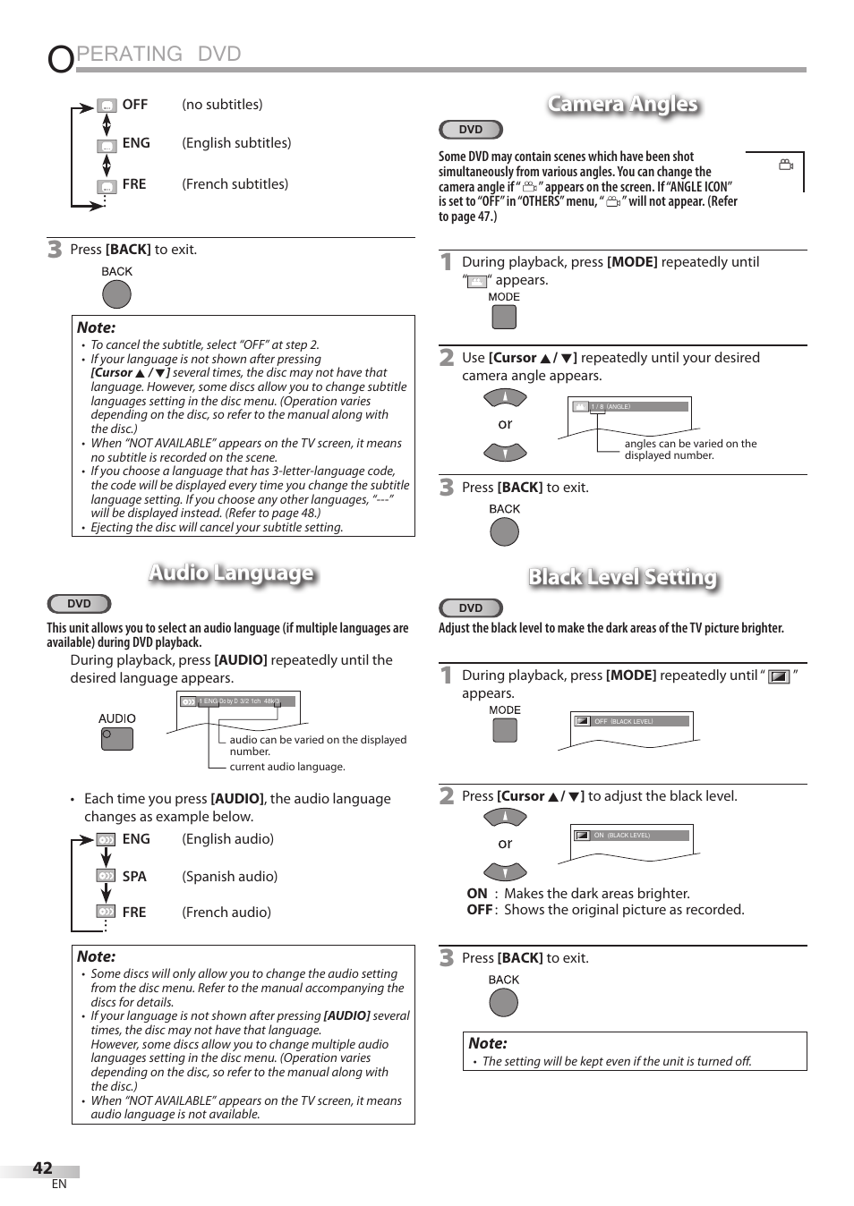 Perating dvd, Audio language, Camera angles | Black level setting | JVC 1EMN24860 User Manual | Page 42 / 56