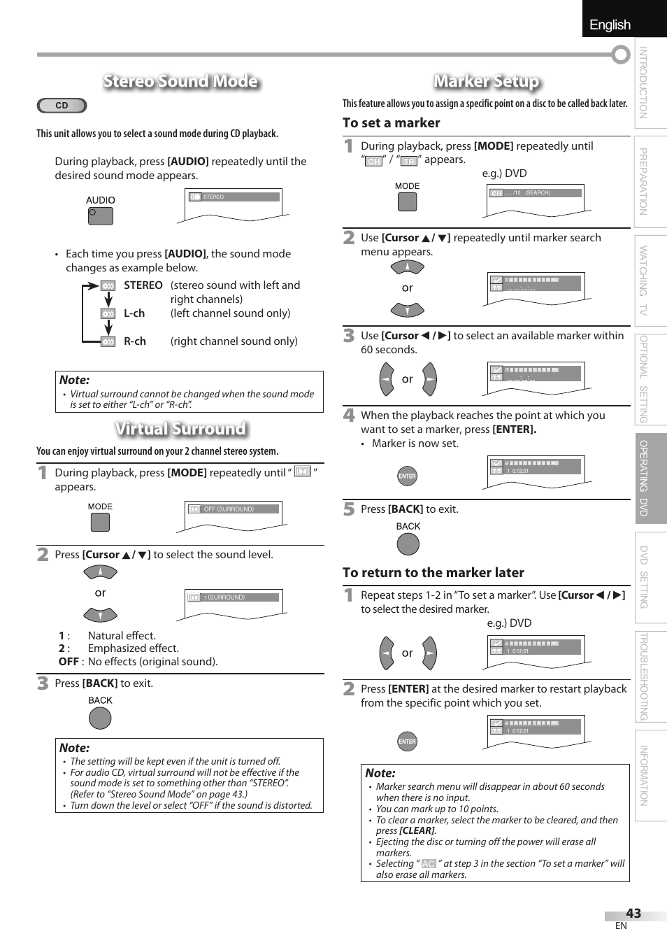 English, Stereo sound mode, Virtual surround | Marker setup | JVC 1EMN24860 User Manual | Page 43 / 56