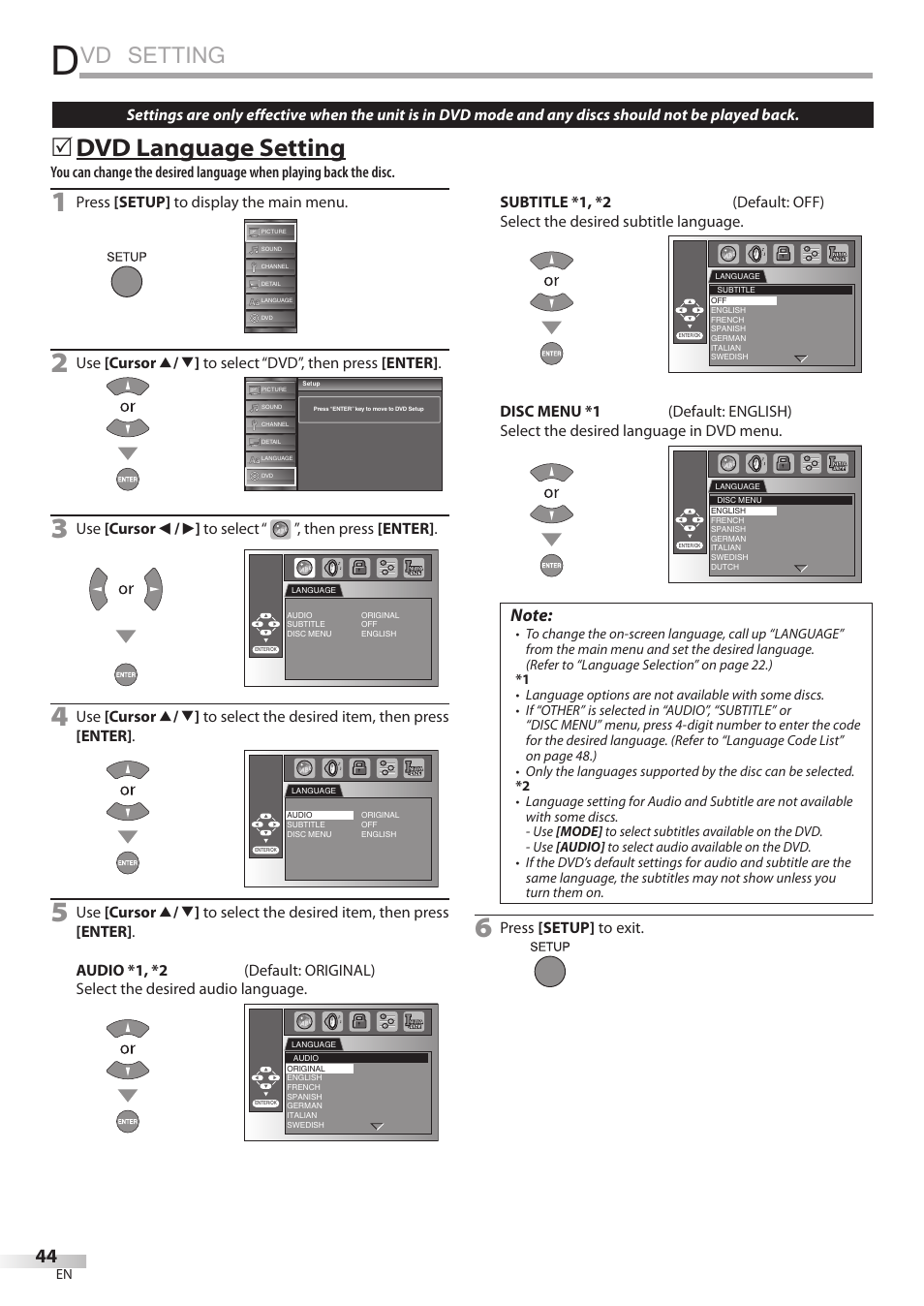 Dvd setting, Vd setting, 5 dvd language setting | JVC 1EMN24860 User Manual | Page 44 / 56