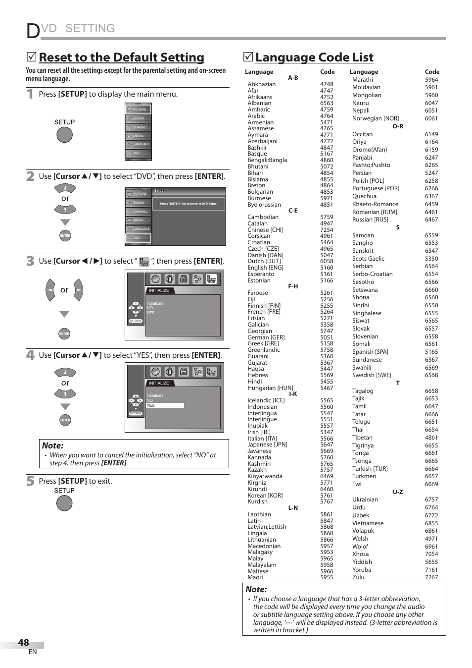 Vd setting, 5 language code list, 5 reset to the default setting | JVC 1EMN24860 User Manual | Page 48 / 56