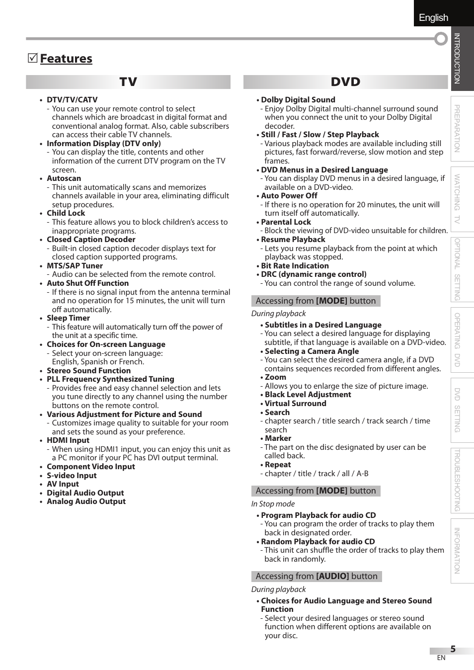 English, 5 features tv dvd | JVC 1EMN24860 User Manual | Page 5 / 56