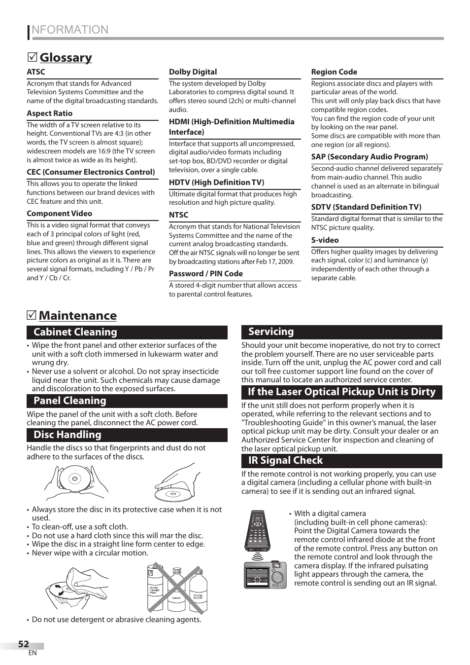 Information, Nformation, 5 glossary 5 maintenance | Cabinet cleaning, Panel cleaning, Disc handling, Servicing, If the laser optical pickup unit is dirty, Ir signal check | JVC 1EMN24860 User Manual | Page 52 / 56