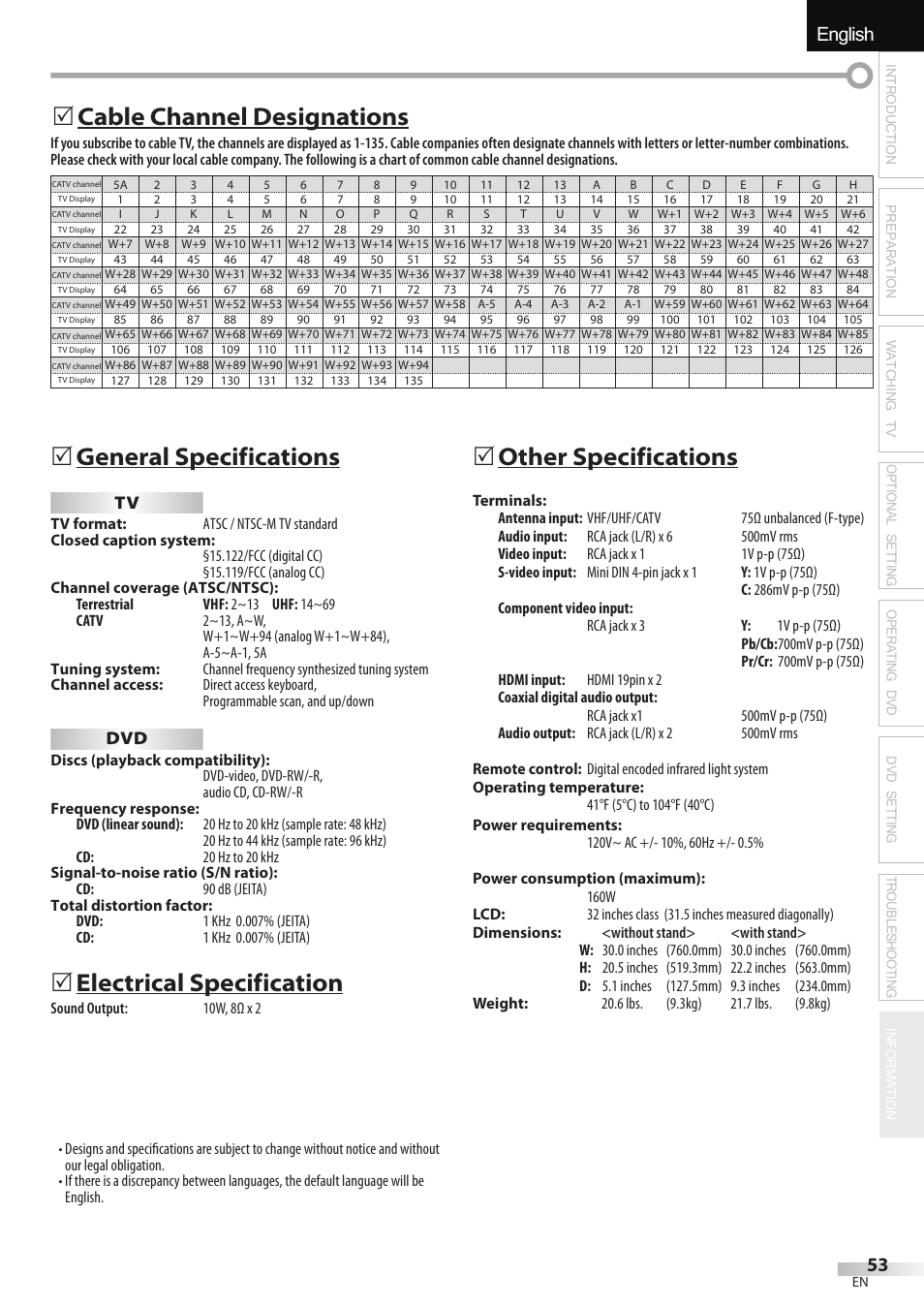 English, 5 general specifications, 5 electrical specification | 5 other specifications, 5 cable channel designations | JVC 1EMN24860 User Manual | Page 53 / 56