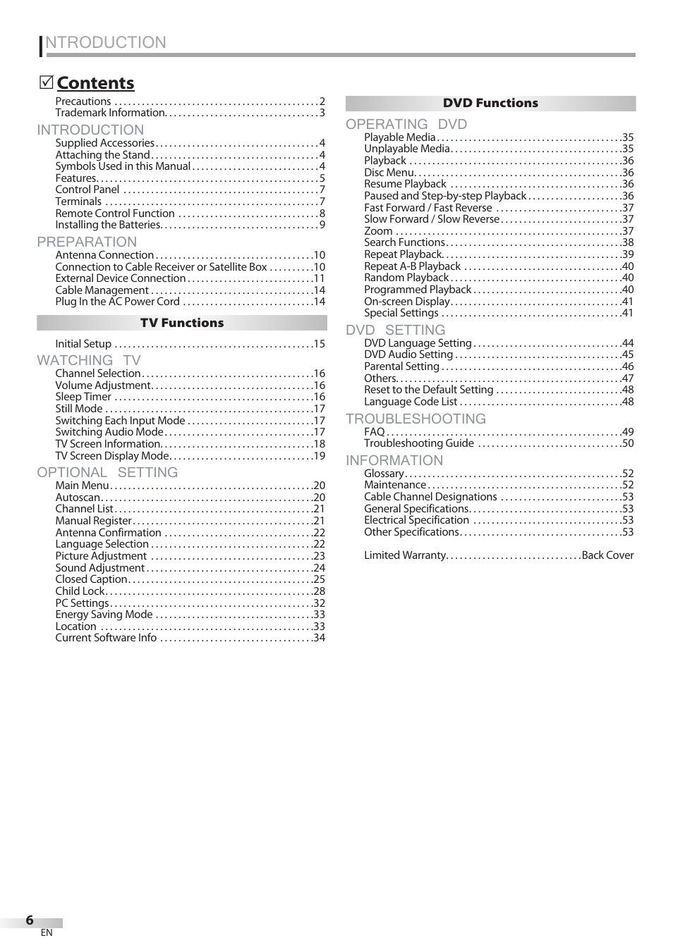 Ntroduction, Introduction, Preparation | Watching tv, Optional setting, Operating dvd, Dvd setting, Troubleshooting, Information | JVC 1EMN24860 User Manual | Page 6 / 56