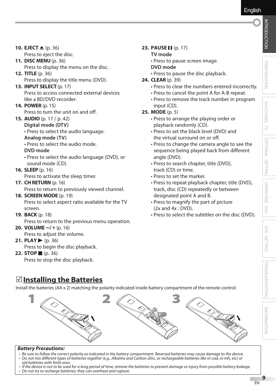English, 5 installing the batteries | JVC 1EMN24860 User Manual | Page 9 / 56