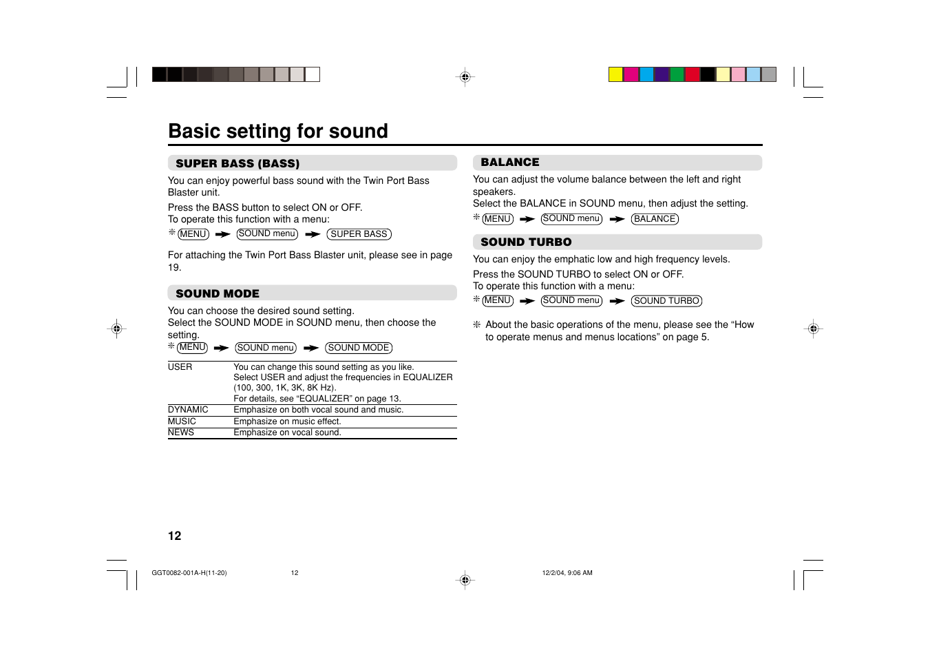 Basic setting for sound | JVC AV-21VT35 User Manual | Page 12 / 22