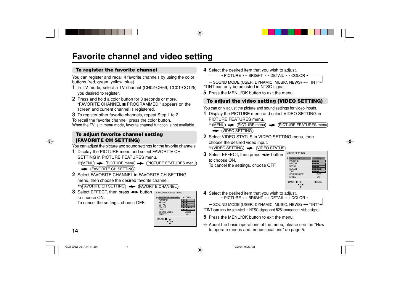 Favorite channel and video setting | JVC AV-21VT35 User Manual | Page 14 / 22