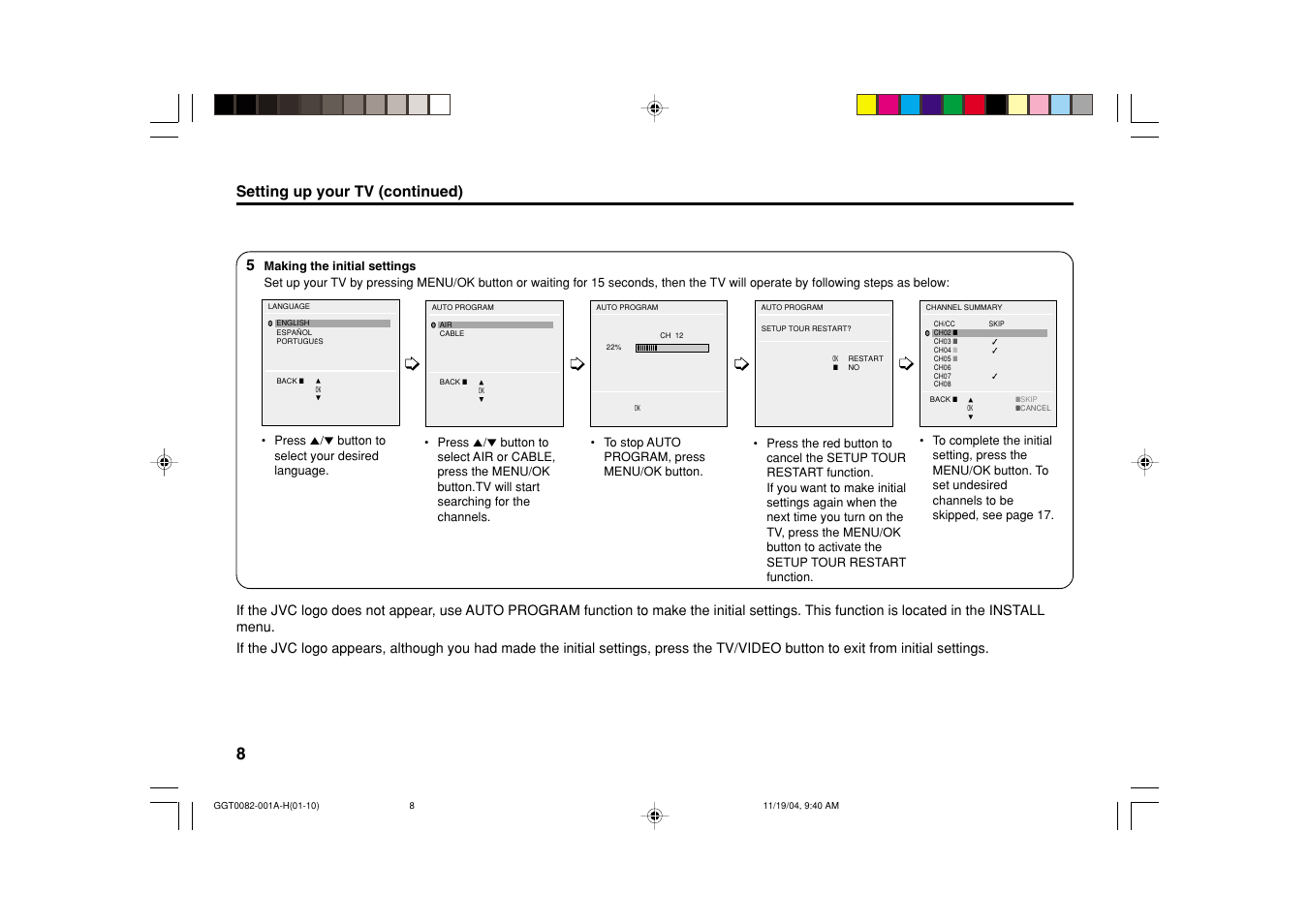 Setting up your tv (continued) | JVC AV-21VT35 User Manual | Page 8 / 22