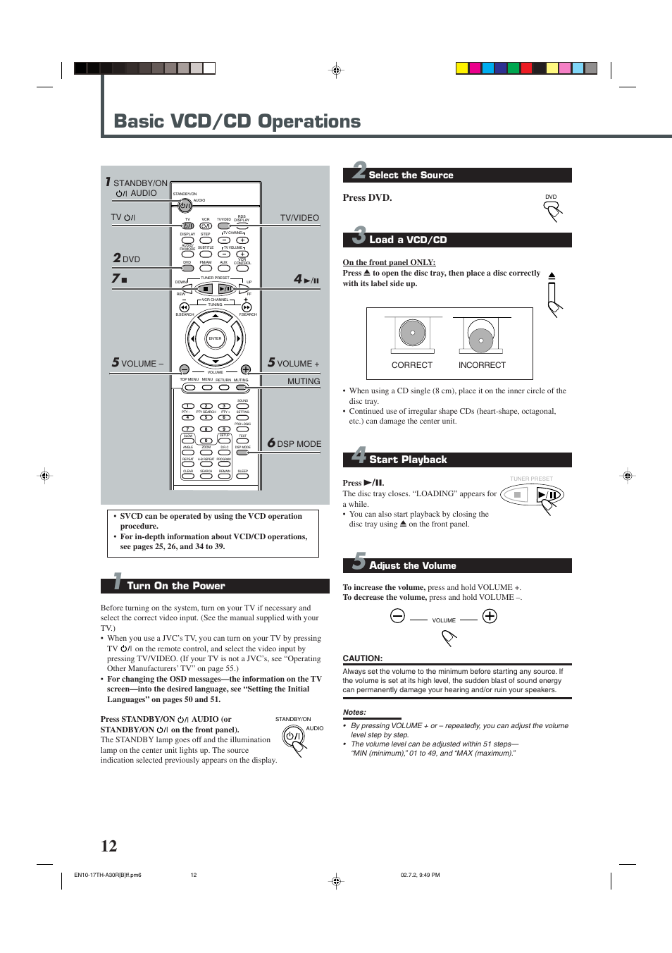 Basic vcd/cd operations, Turn on the power, Press dvd | Load a, Start playback, Select the source, Vcd/cd, Djust the volume | JVC DVD DIGITAL CINEMA SYSTEM TH-A30R User Manual | Page 16 / 64