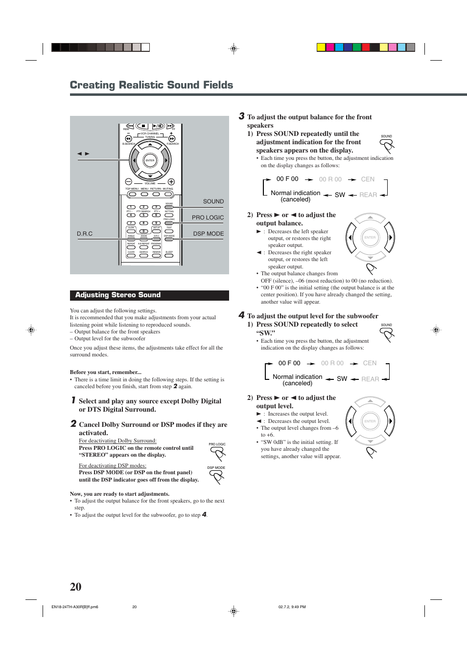 Creating realistic sound fields, Adjusting stereo sound, 2) press 3 or 2 to adjust the output balance | 2) press 3 or 2 to adjust the output level | JVC DVD DIGITAL CINEMA SYSTEM TH-A30R User Manual | Page 24 / 64