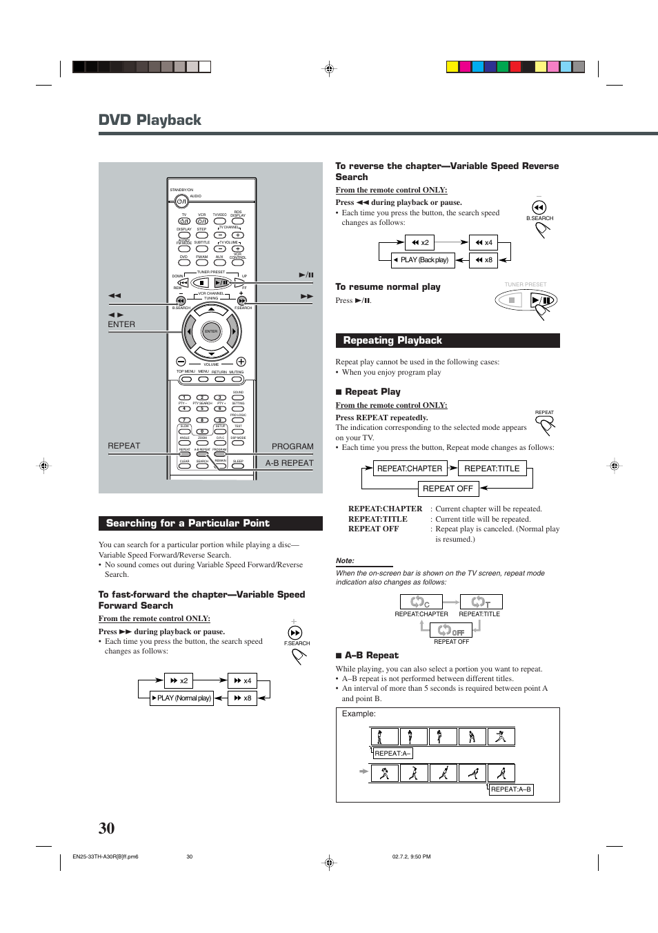 Dvd playback, Searching for a particular point, Repeating playback | 7 repeat play, 7 a–b repeat | JVC DVD DIGITAL CINEMA SYSTEM TH-A30R User Manual | Page 34 / 64
