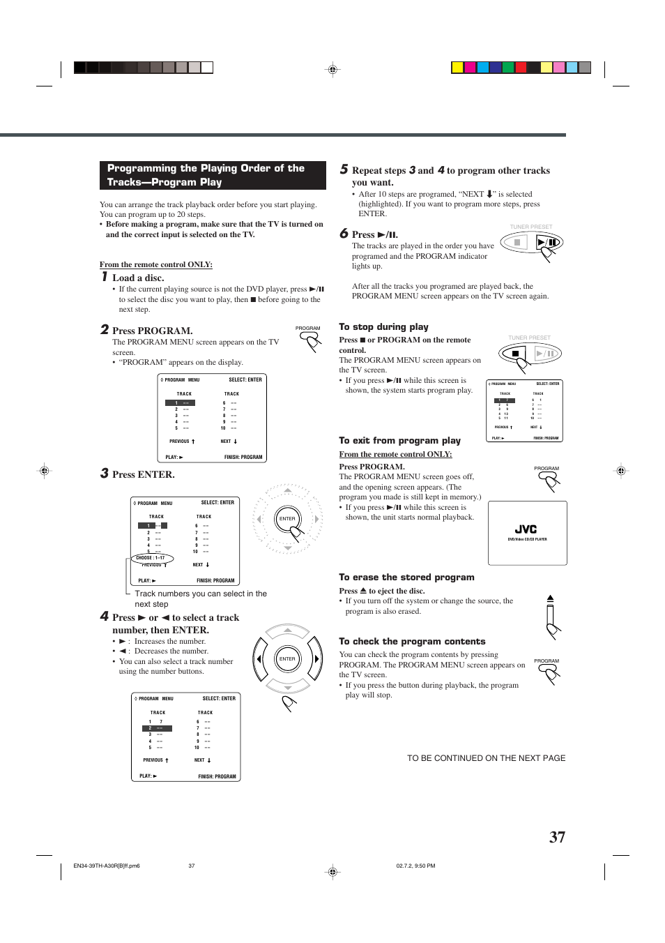 Load a disc, Press program, Press enter | Press 3 or 2 to select a track number, then enter, Press 3 / 8 | JVC DVD DIGITAL CINEMA SYSTEM TH-A30R User Manual | Page 41 / 64