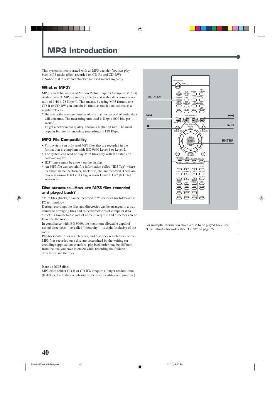 Mp3 intoducion, Mp3 introduction, What is mp3 | Mp3 file compatibility | JVC DVD DIGITAL CINEMA SYSTEM TH-A30R User Manual | Page 44 / 64