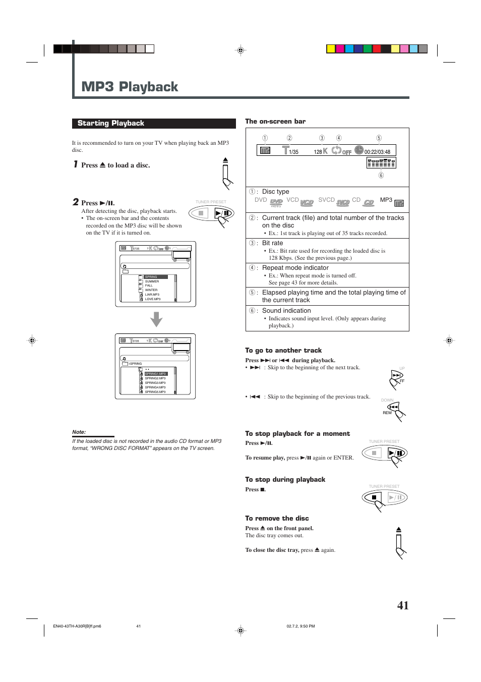 Mp3 playback, Starting playback, Press 0 to load a disc | Press 3 / 8 | JVC DVD DIGITAL CINEMA SYSTEM TH-A30R User Manual | Page 45 / 64