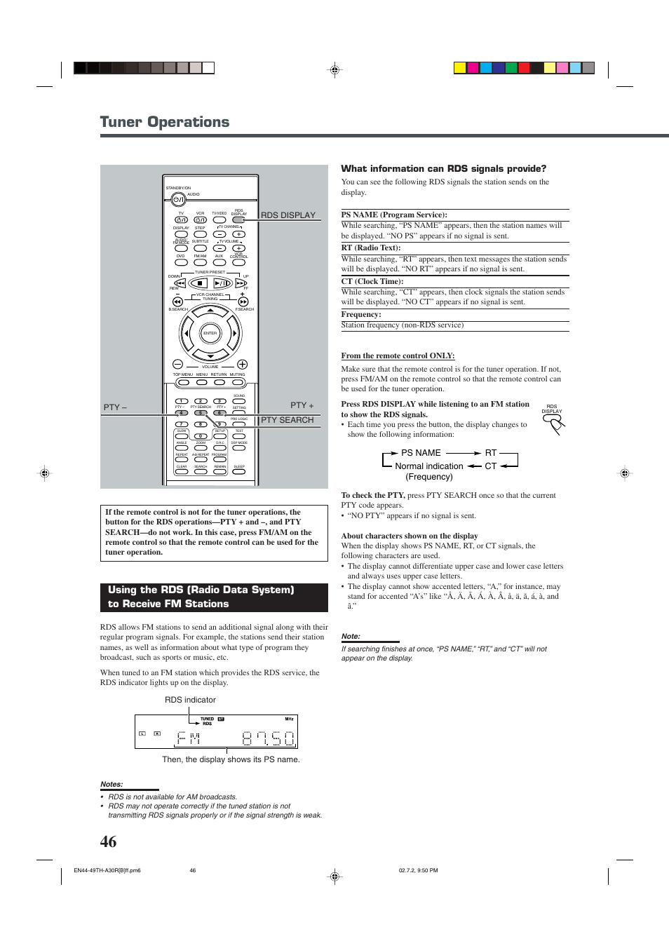 Tuner operations, What information can rds signals provide, Ps name rt ct normal indication (frequency) | Rds indicator pty – pty search | JVC DVD DIGITAL CINEMA SYSTEM TH-A30R User Manual | Page 50 / 64