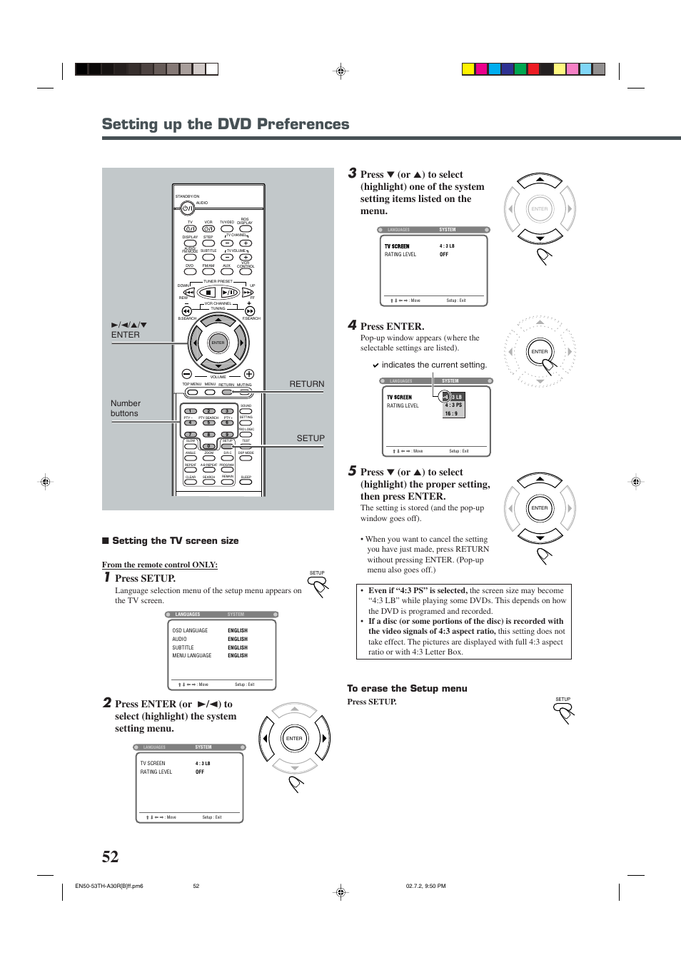 Setting up the dvd preferences, Press setup, Press enter | Setting the tv screen size, Press setup. indicates the current setting, 3/2/5/∞ enter setup, Number buttons, Return | JVC DVD DIGITAL CINEMA SYSTEM TH-A30R User Manual | Page 56 / 64