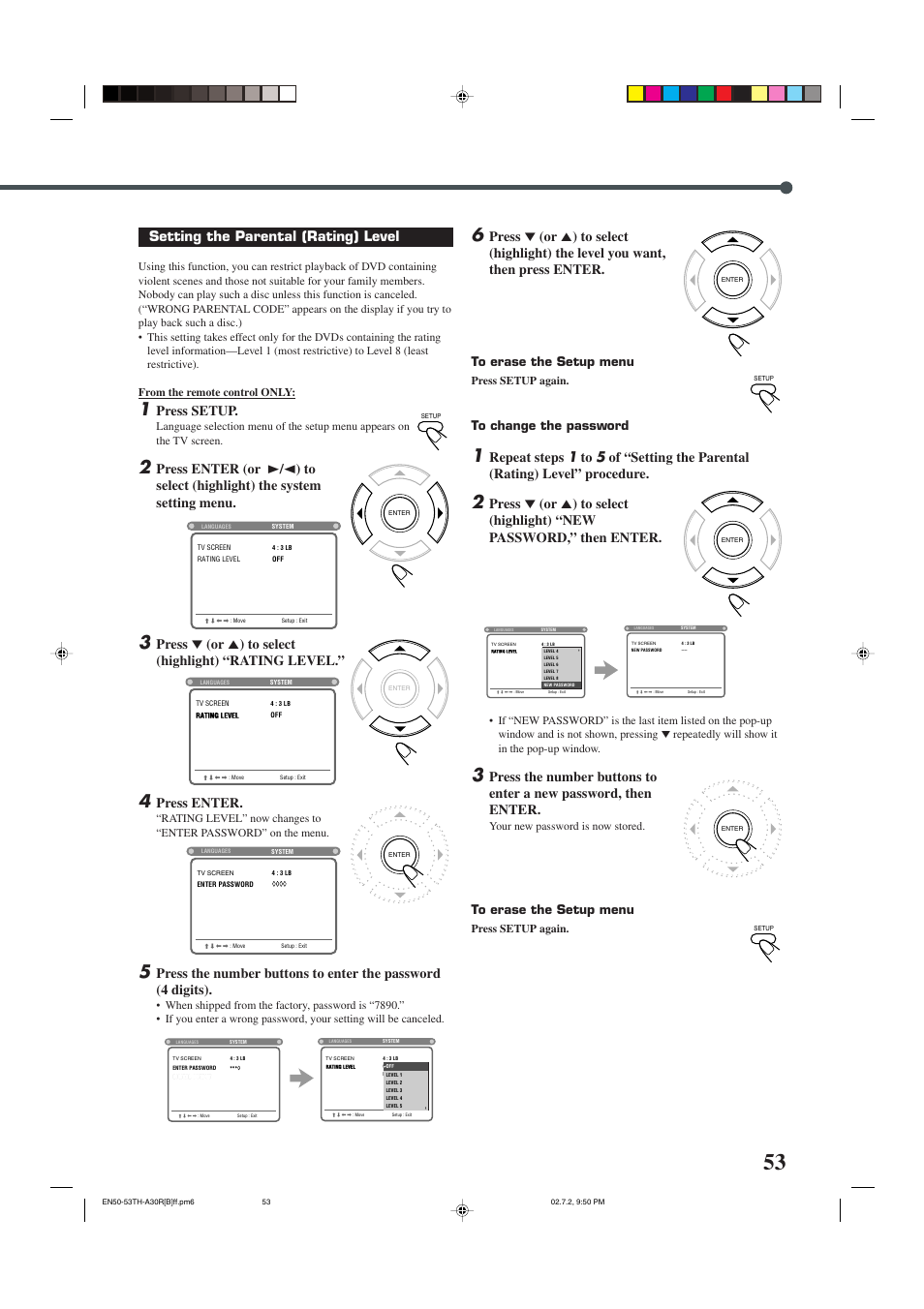 Setting the parental (rating) level, Press setup, Press enter | JVC DVD DIGITAL CINEMA SYSTEM TH-A30R User Manual | Page 57 / 64