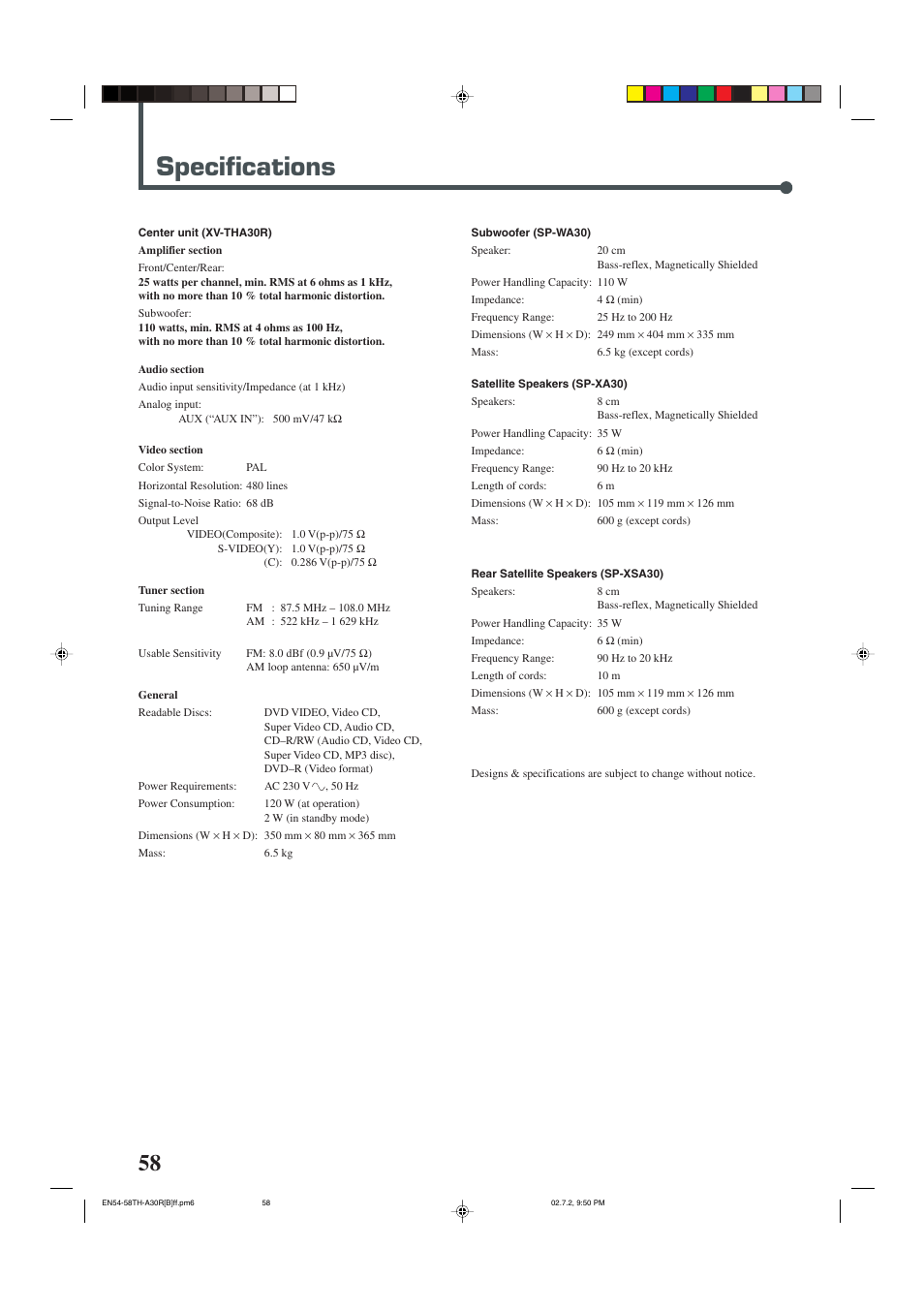 Specifications | JVC DVD DIGITAL CINEMA SYSTEM TH-A30R User Manual | Page 62 / 64