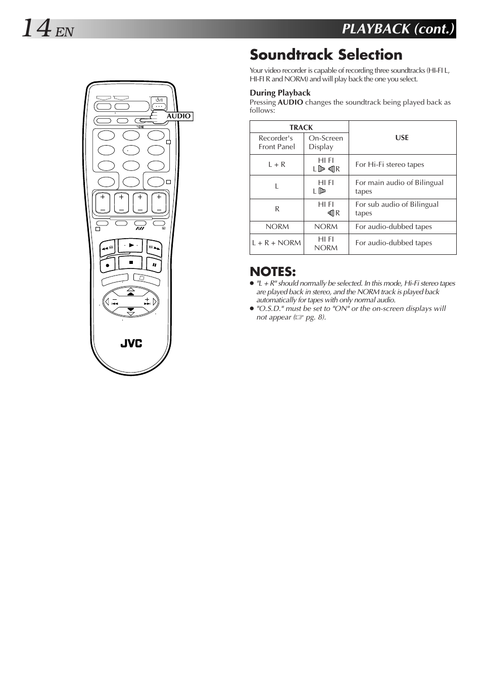 Playback (cont.), Soundtrack selection | JVC HR-J657MS User Manual | Page 14 / 44