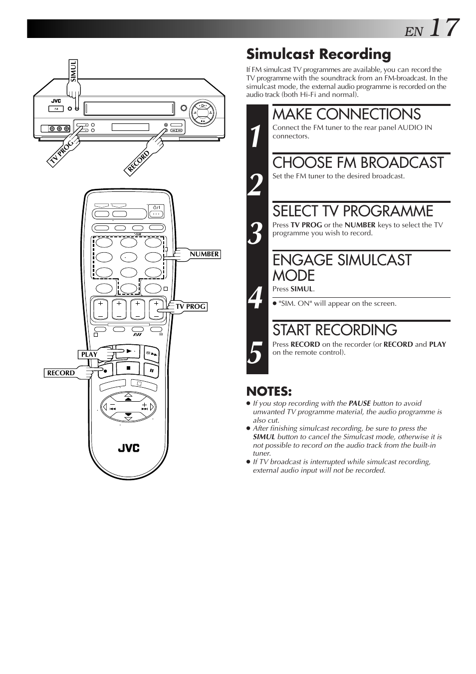 Make connections, Choose fm broadcast, Select tv programme | Engage simulcast mode, Start recording, Simulcast recording | JVC HR-J657MS User Manual | Page 17 / 44