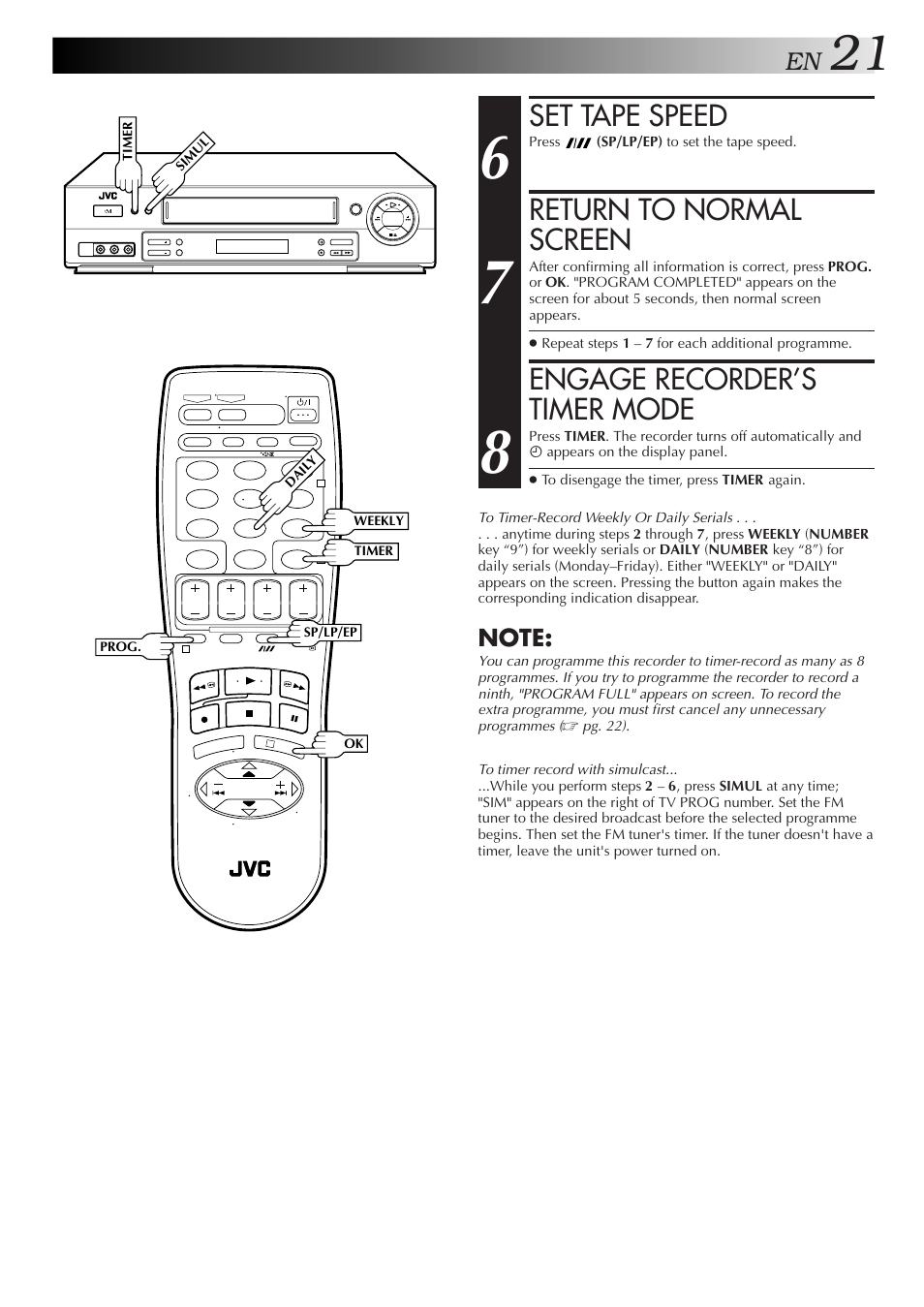 Set tape speed, Return to normal screen, Engage recorder’s timer mode | JVC HR-J657MS User Manual | Page 21 / 44