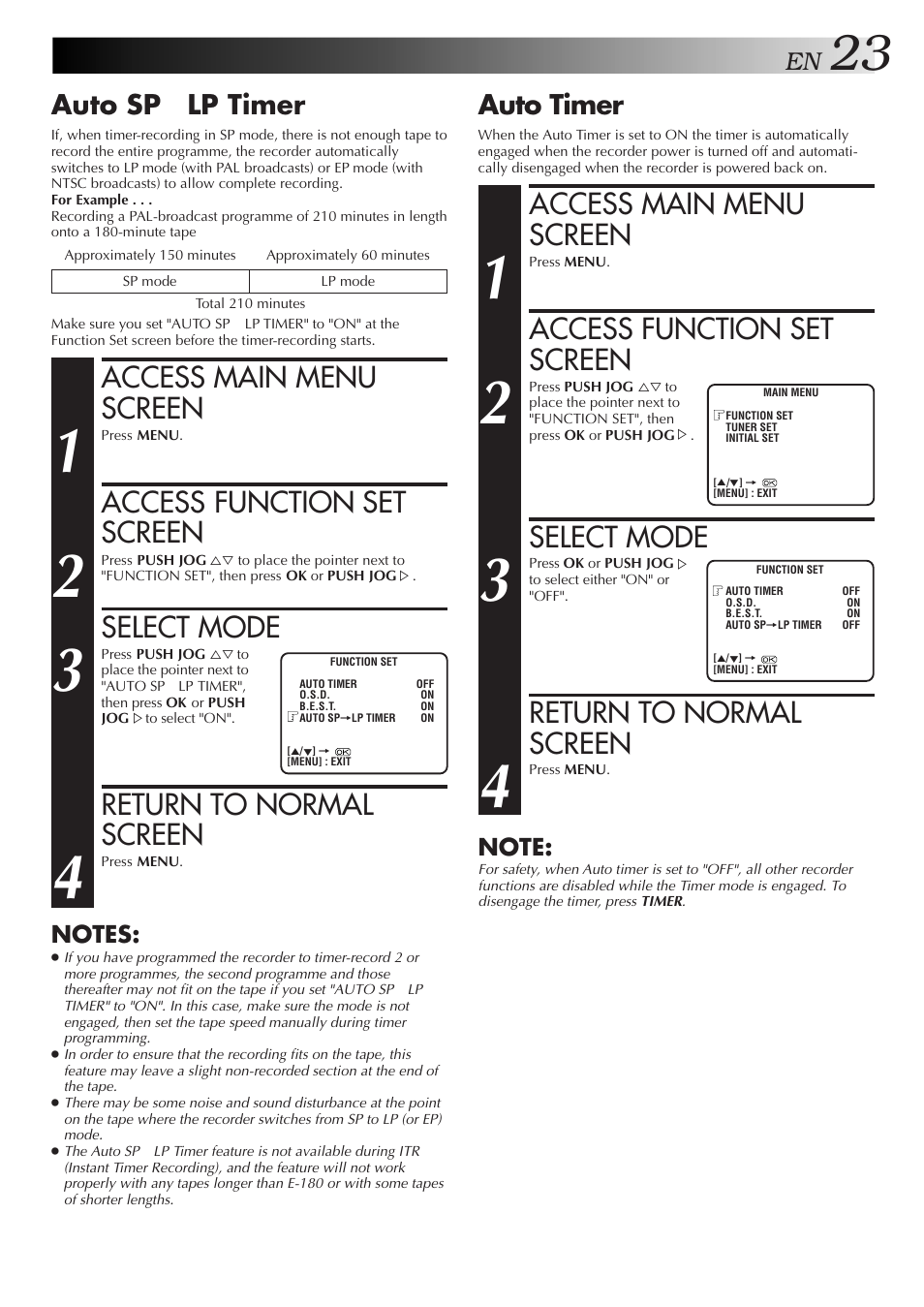 Access main menu screen, Access function set screen, Select mode | Return to normal screen, Auto timer, Auto sp → lp timer | JVC HR-J657MS User Manual | Page 23 / 44