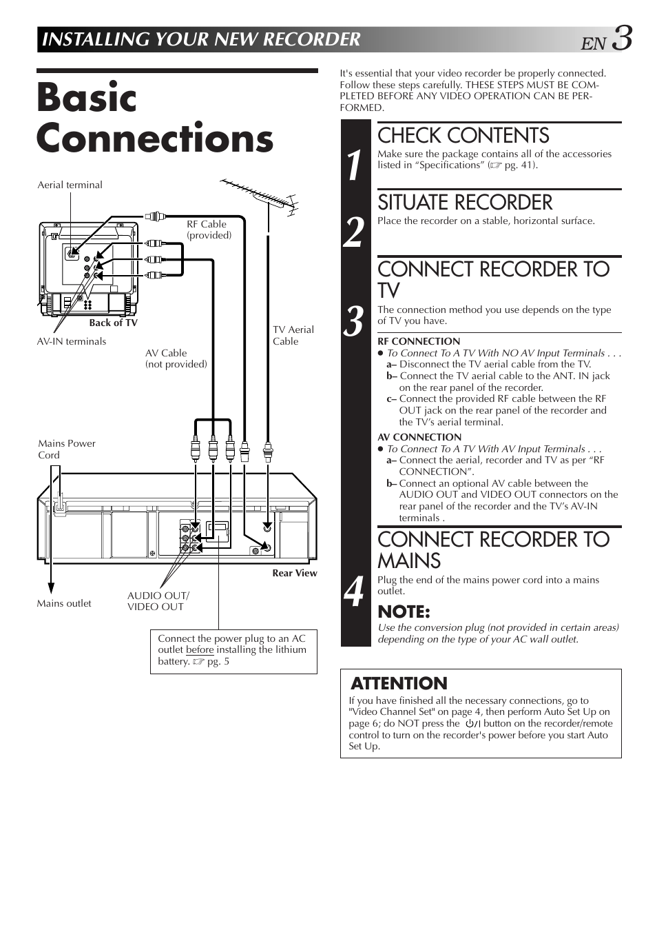 Basic connections, Check contents, Situate recorder | Connect recorder to tv, Connect recorder to mains, Installing your new recorder | JVC HR-J657MS User Manual | Page 3 / 44