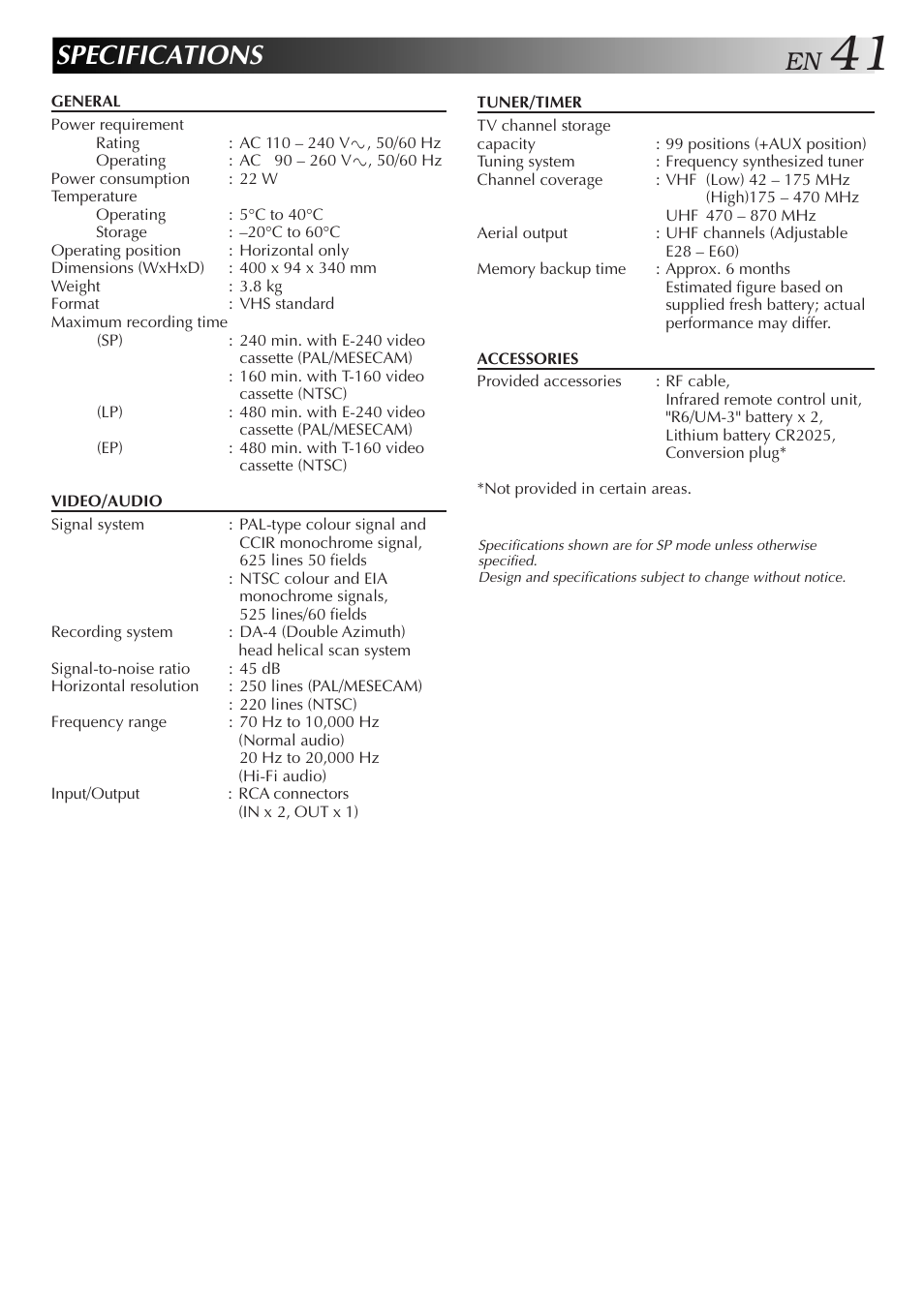 Specifications | JVC HR-J657MS User Manual | Page 41 / 44