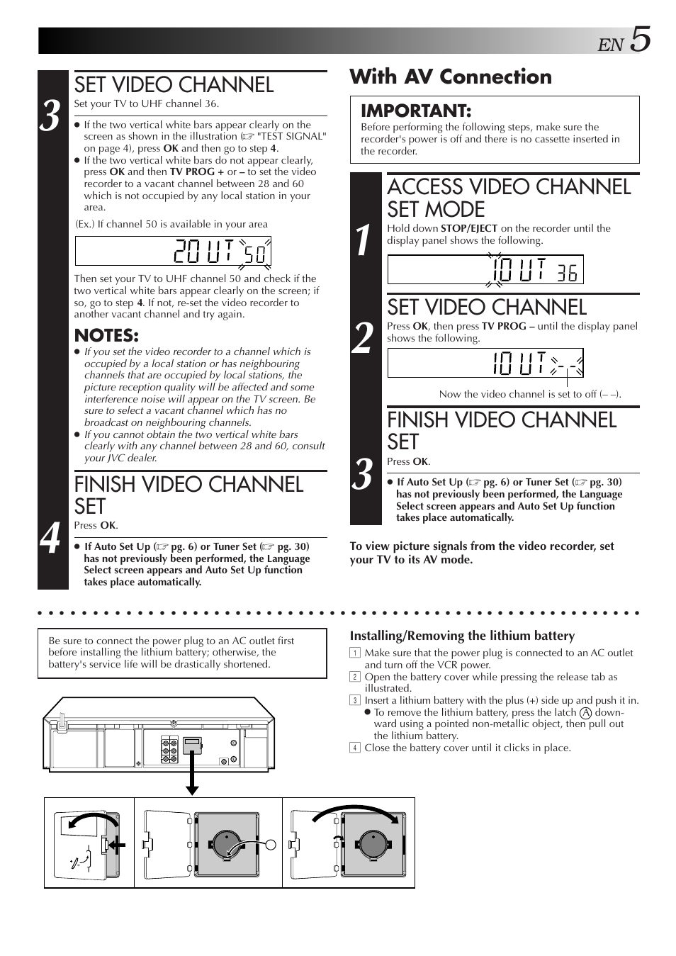 Set video channel, Finish video channel set, Access video channel set mode | With av connection, Important, Installing/removing the lithium battery | JVC HR-J657MS User Manual | Page 5 / 44